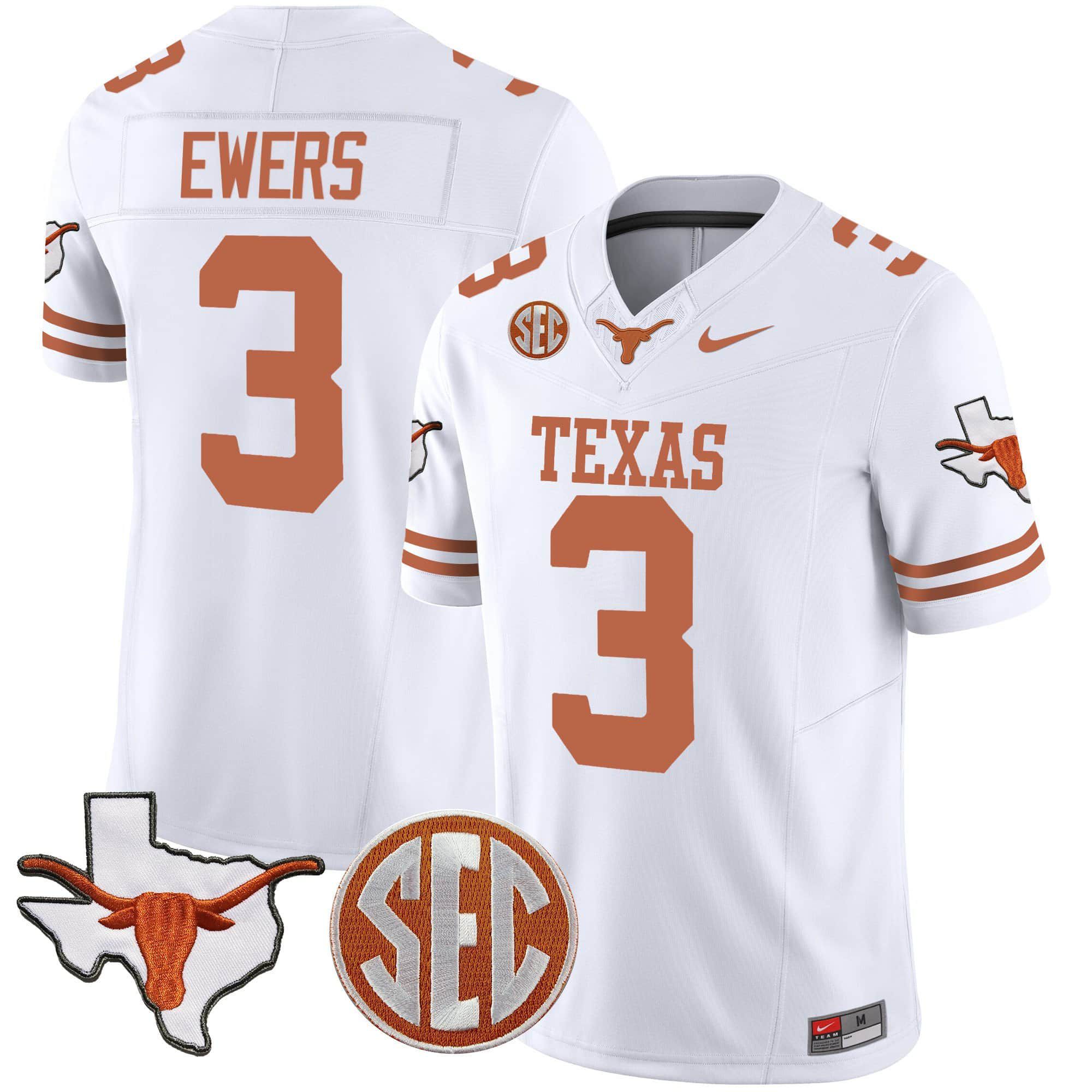 Men Texas Longhorns #3 Ewers White 2024 Nike State Map & SEC Patch Vapor NCAA Jersey